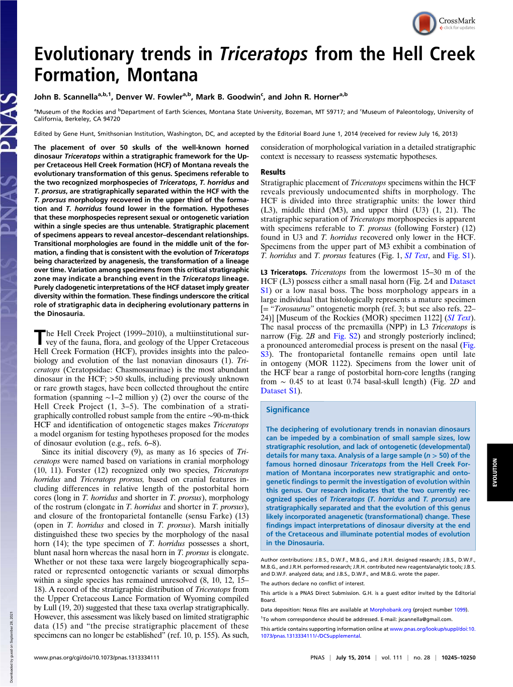 Evolutionary Trends in Triceratops from the Hell Creek Formation, Montana