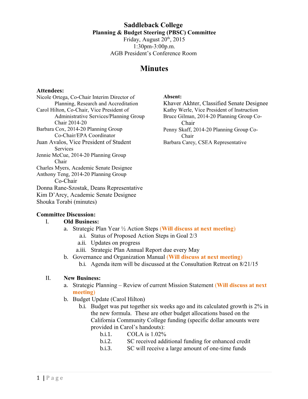 Planning & Budget Steering (PBSC) Committee