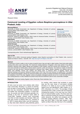 Communal Roosting of Egyptian Vulture Neophron Percnopterus in Uttar Pradesh, India