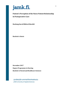 Patient's Perception of the Nurse Patient Relationship in Postoperative Care