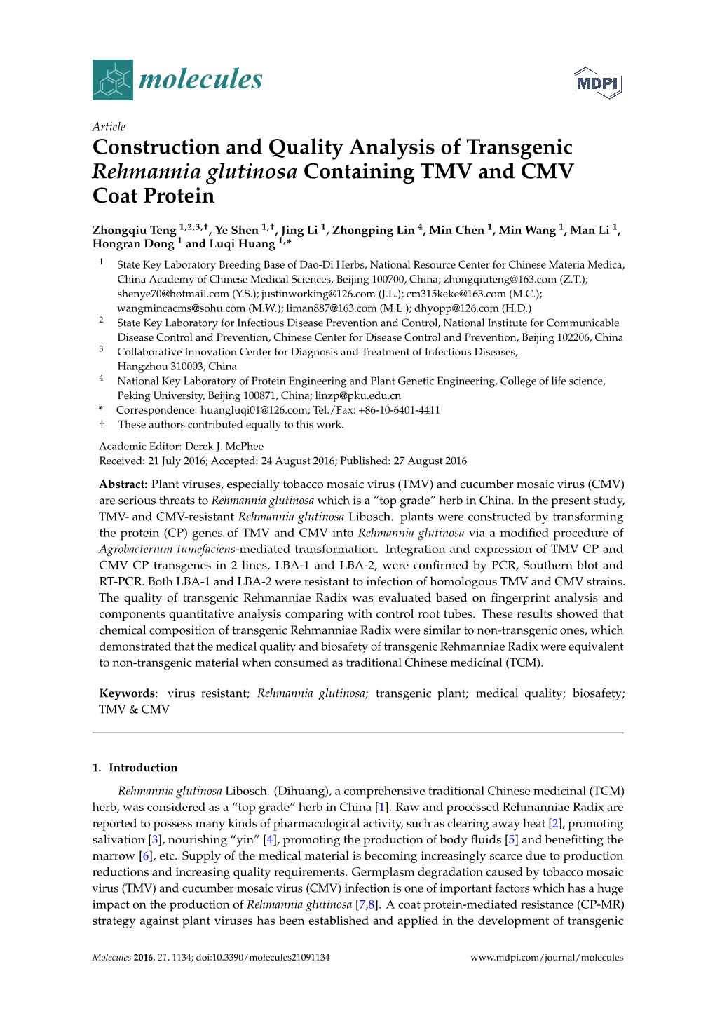 Construction and Quality Analysis of Transgenic Rehmannia Glutinosa Containing TMV and CMV Coat Protein