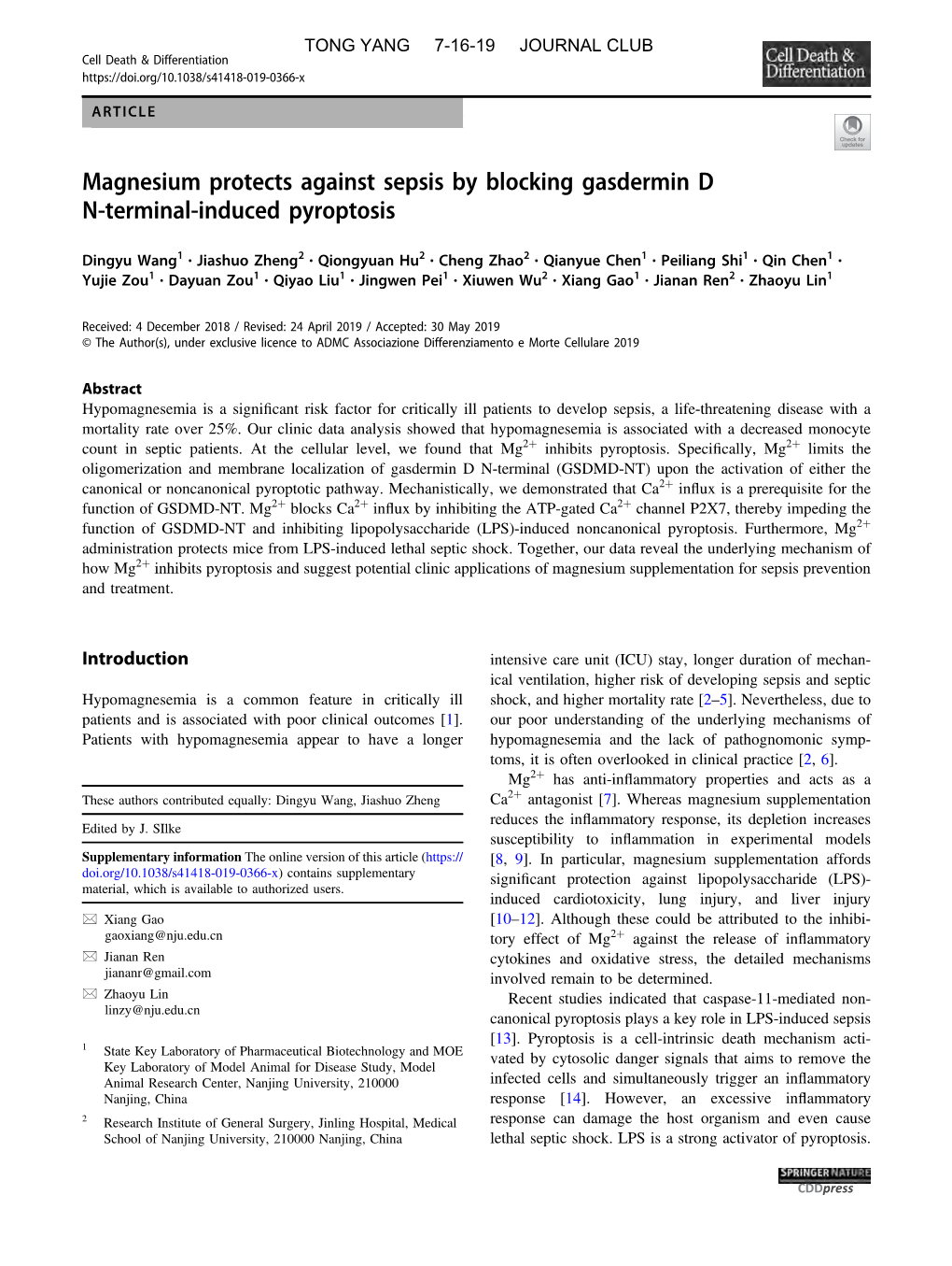 Magnesium Protects Against Sepsis by Blocking Gasdermin D N-Terminal-Induced Pyroptosis