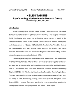 HELEN TAMIRIS: Re-Visioning Modernism in Modern Dance Diane Wawrejko, MFA, CMT, Phd