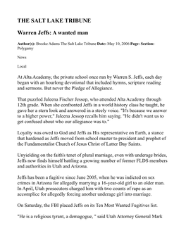 THE SALT LAKE TRIBUNE Warren Jeffs: a Wanted