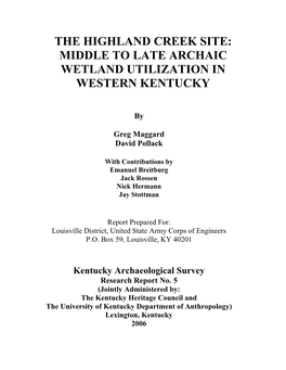 The Highland Creek Site: Middle to Late Archaic Wetland Utilization in Western Kentucky