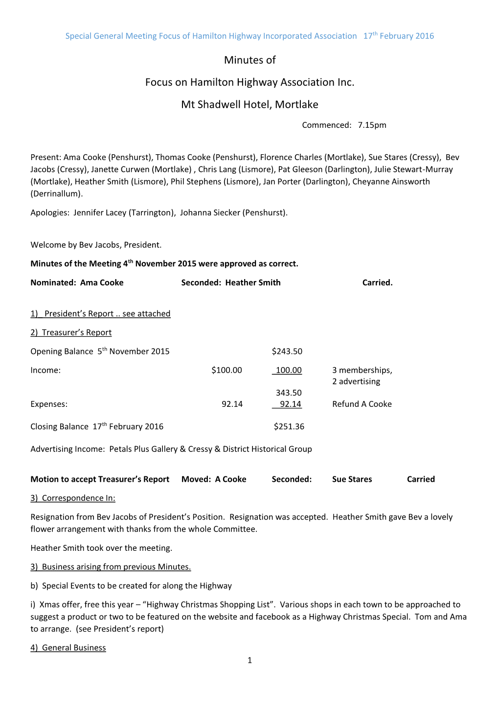 Minutes of Focus on Hamilton Highway Association Inc. Mt Shadwell Hotel, Mortlake
