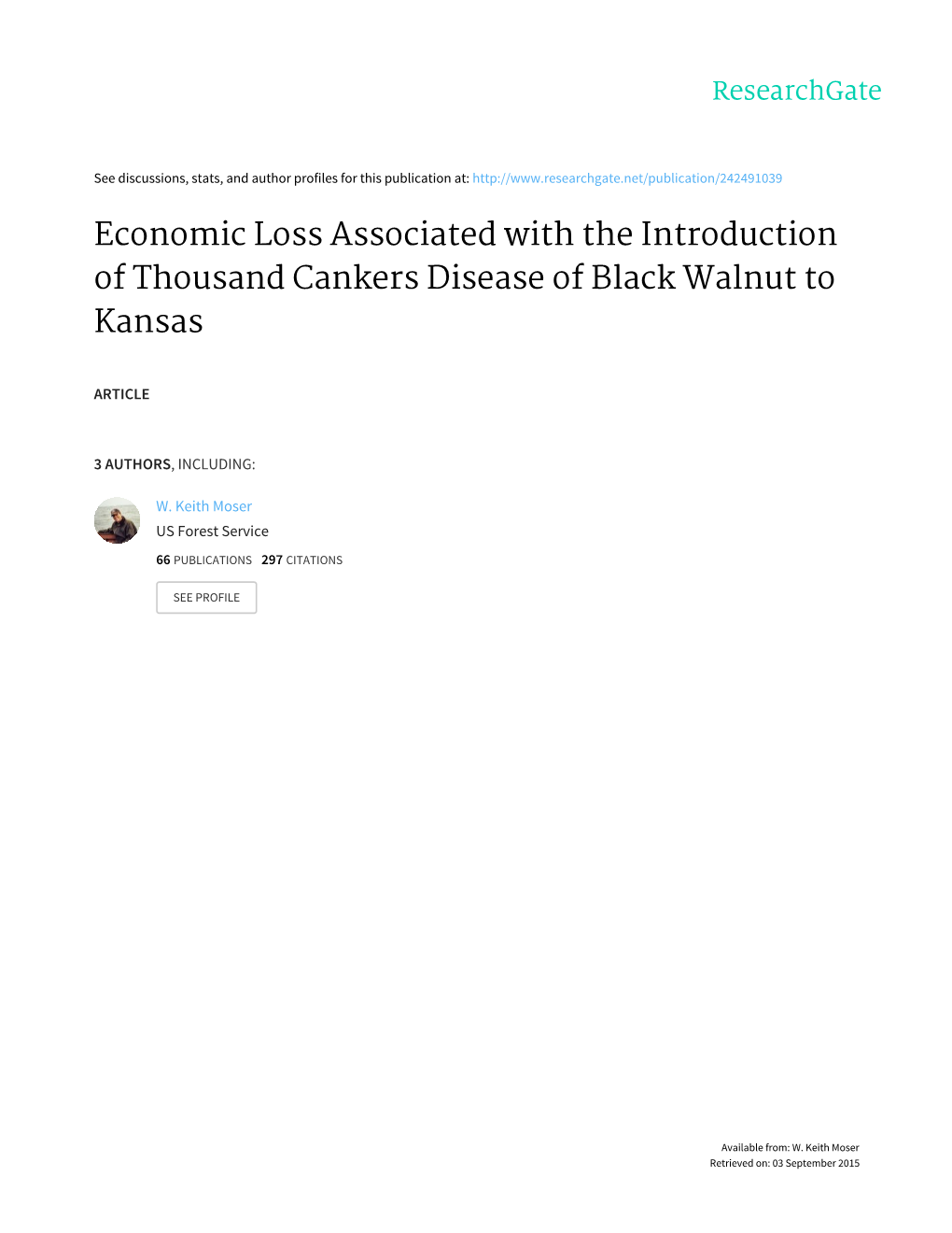 Economic Loss Associated with the Introduction of Thousand Cankers Disease of Black Walnut to Kansas