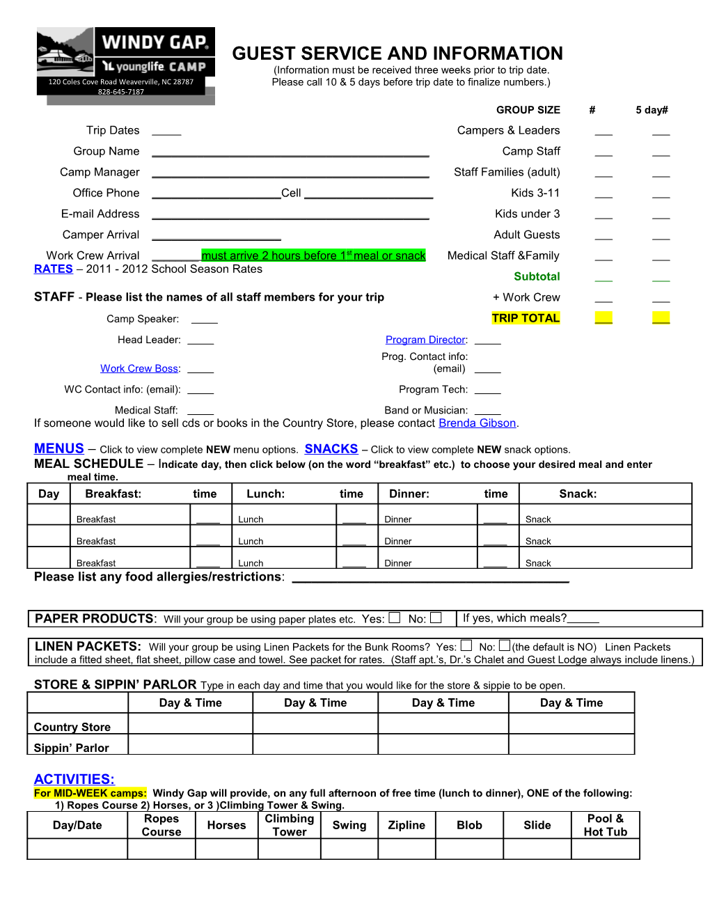 Guest Services Information Form