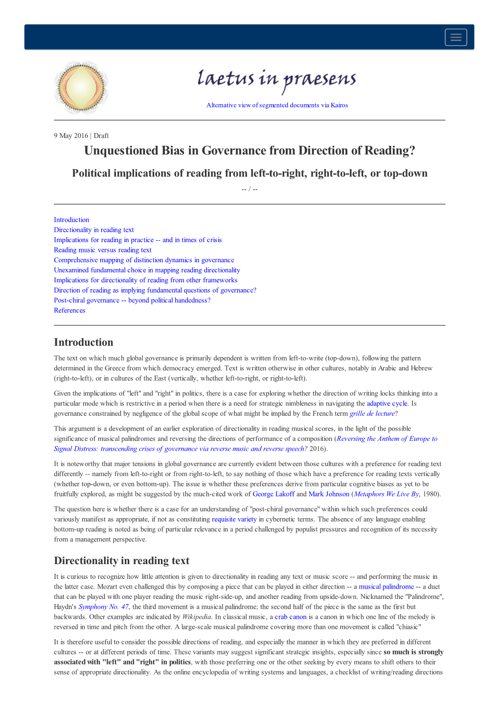 Unquestioned Bias in Governance from Direction of Reading? Political Implications of Reading from Left-To-Right, Right-To-Left, Or Top-Down -- /