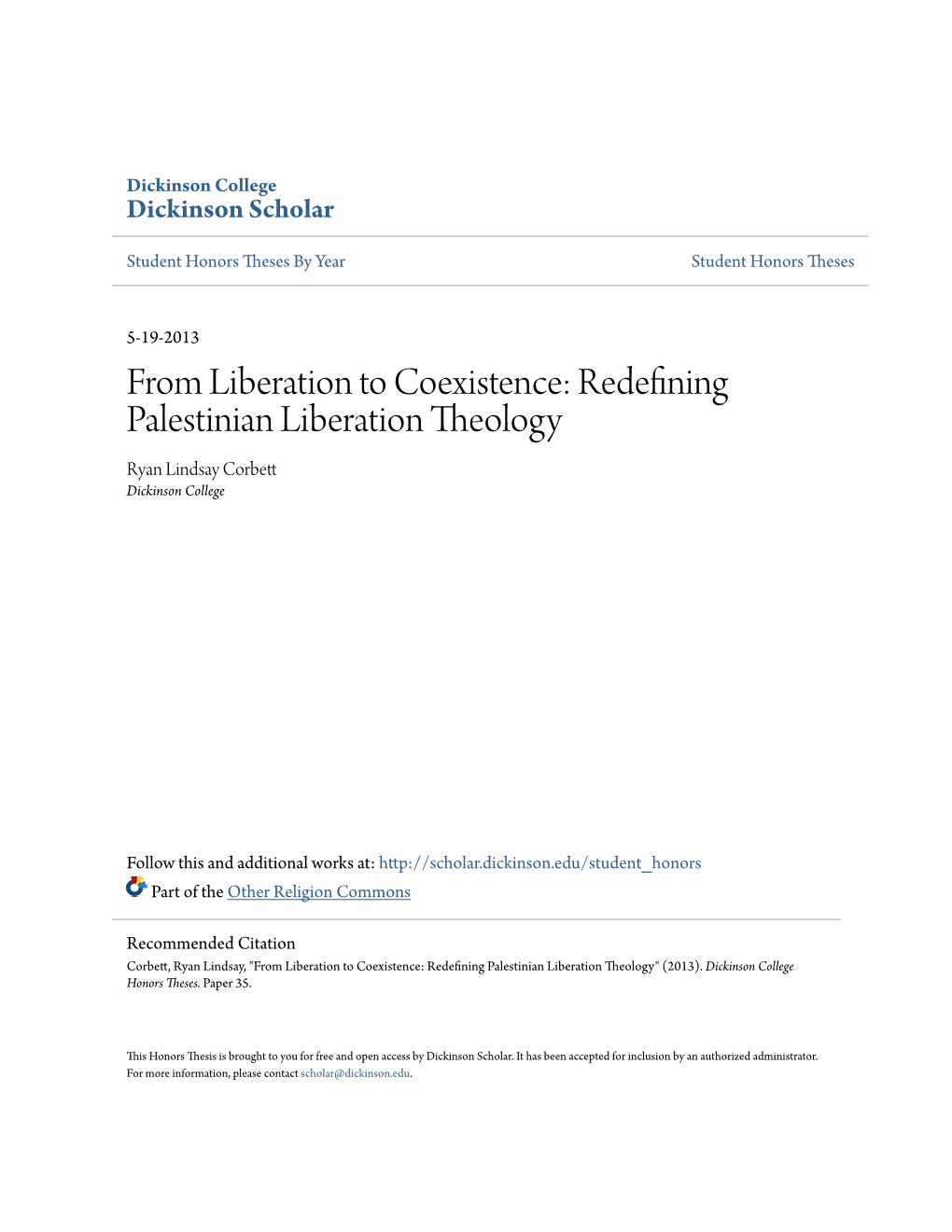 From Liberation to Coexistence: Redefining Palestinian Liberation Theology Ryan Lindsay Corbett Dickinson College