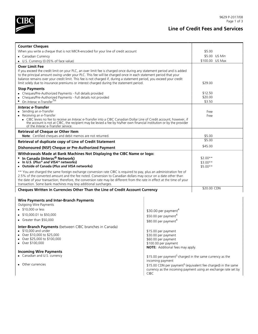 Line of Credit Fees and Services