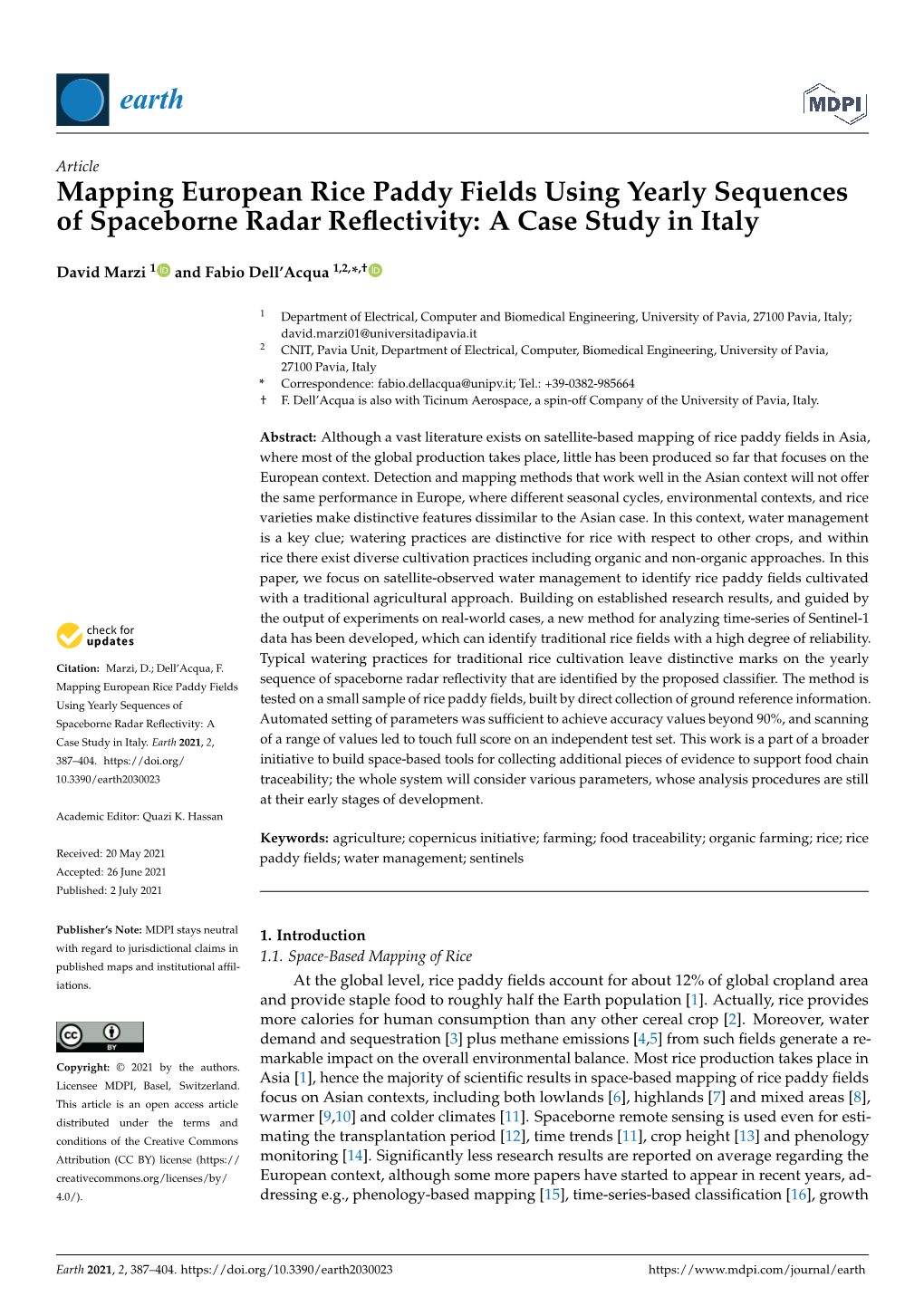 Mapping European Rice Paddy Fields Using Yearly Sequences of Spaceborne Radar Reﬂectivity: a Case Study in Italy