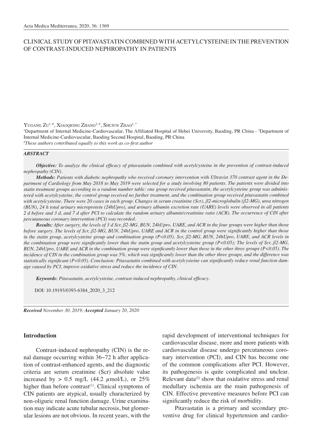 Clinical Study of Pitavastatin Combined with Acetylcysteine in the Prevention of Contrast-Induced Nephropathy in Patients