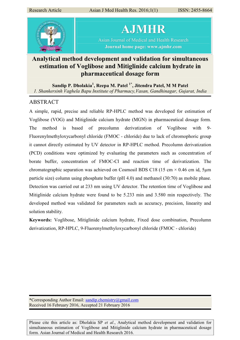 Analytical Method Development and Validation for Simultaneous Estimation of Voglibose and Mitiglinide Calcium Hydrate in Pharmaceutical Dosage Form