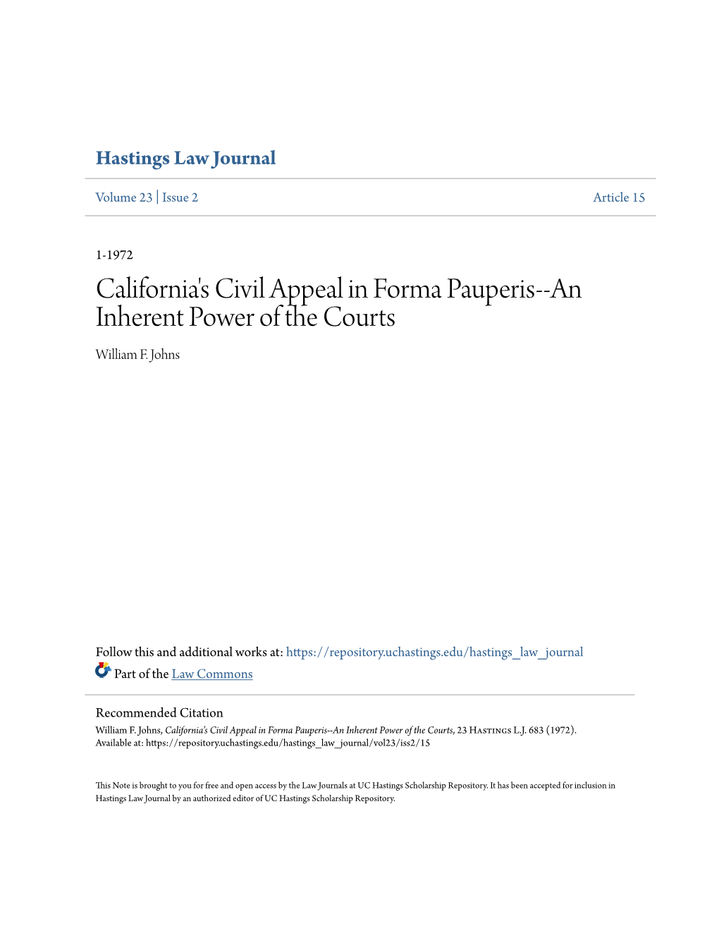 California's Civil Appeal in Forma Pauperis--An Inherent Power of the Courts William F