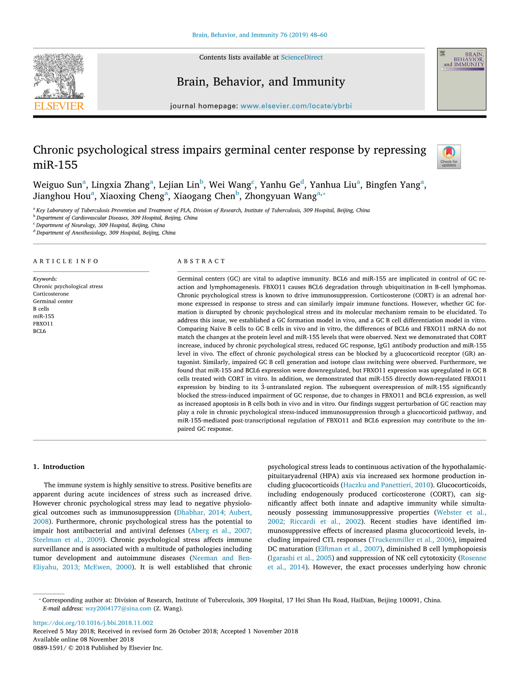 Chronic Psychological Stress Impairs Germinal Center Response By