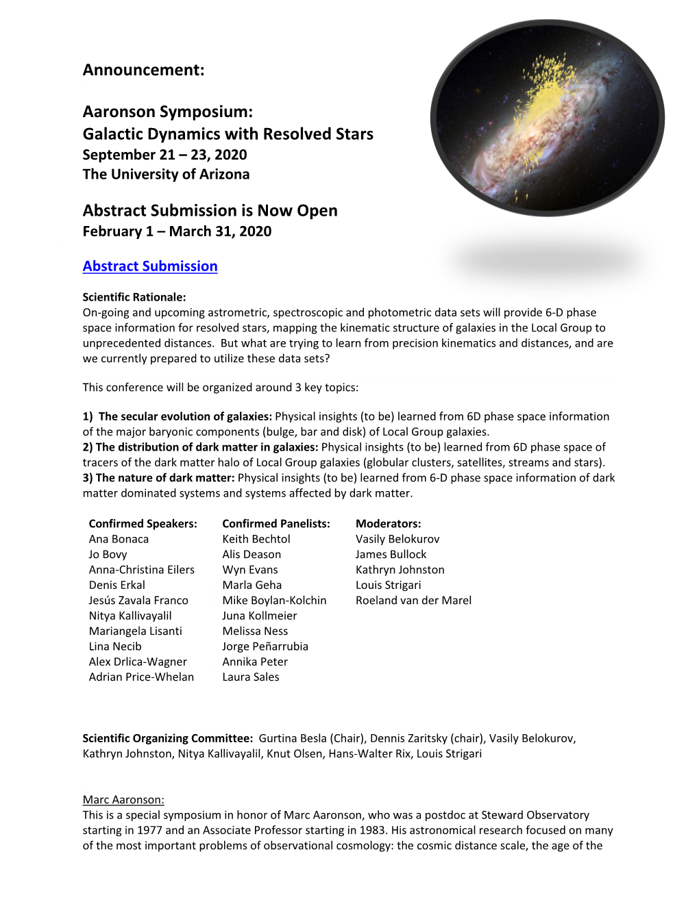 Announcement: Aaronson Symposium: Galactic Dynamics with Resolved