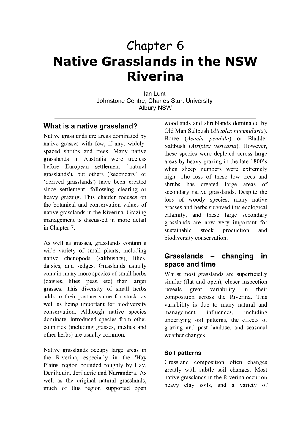 Chapter 6 Native Grasslands in the NSW Riverina