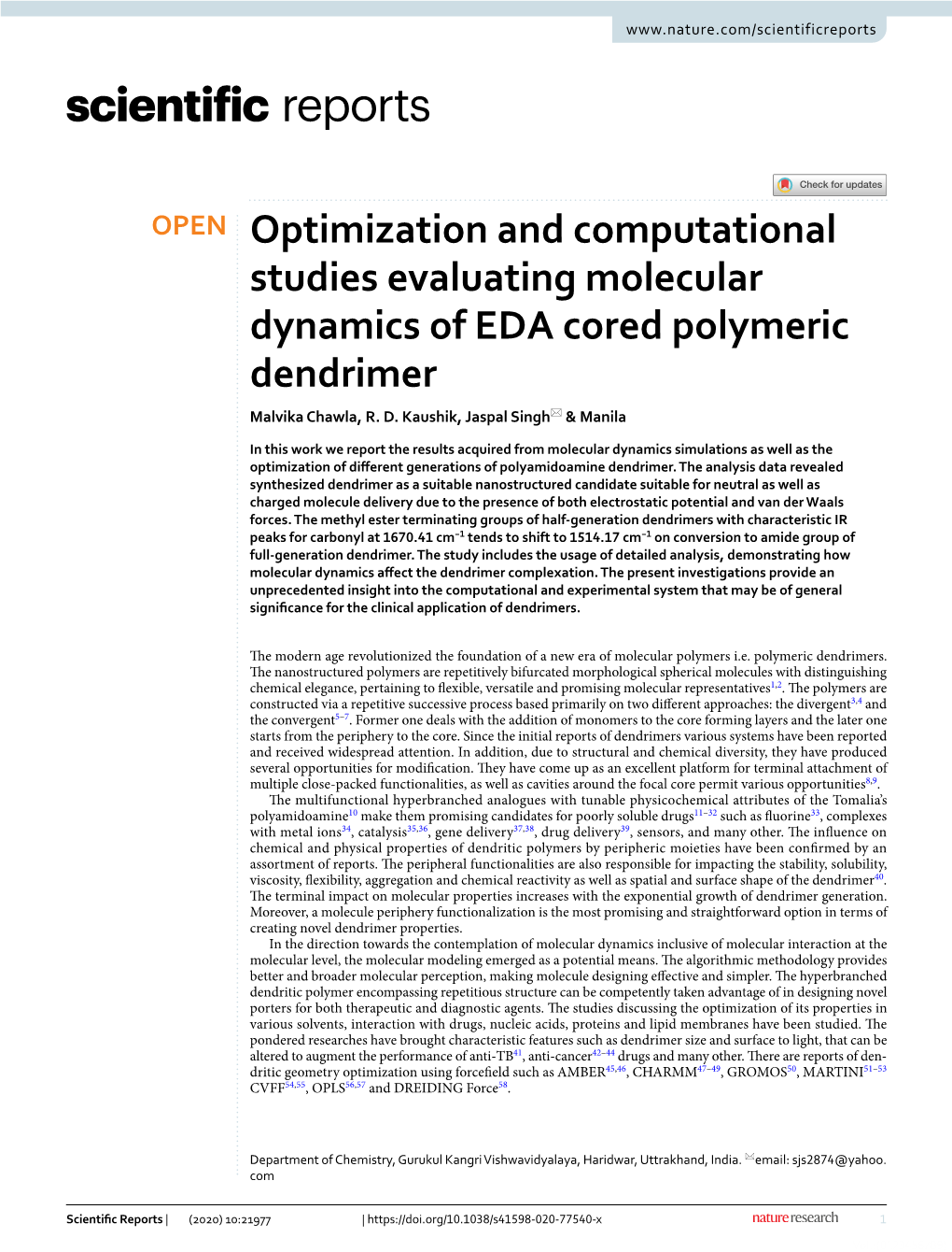 Optimization and Computational Studies Evaluating Molecular Dynamics of EDA Cored Polymeric Dendrimer Malvika Chawla, R