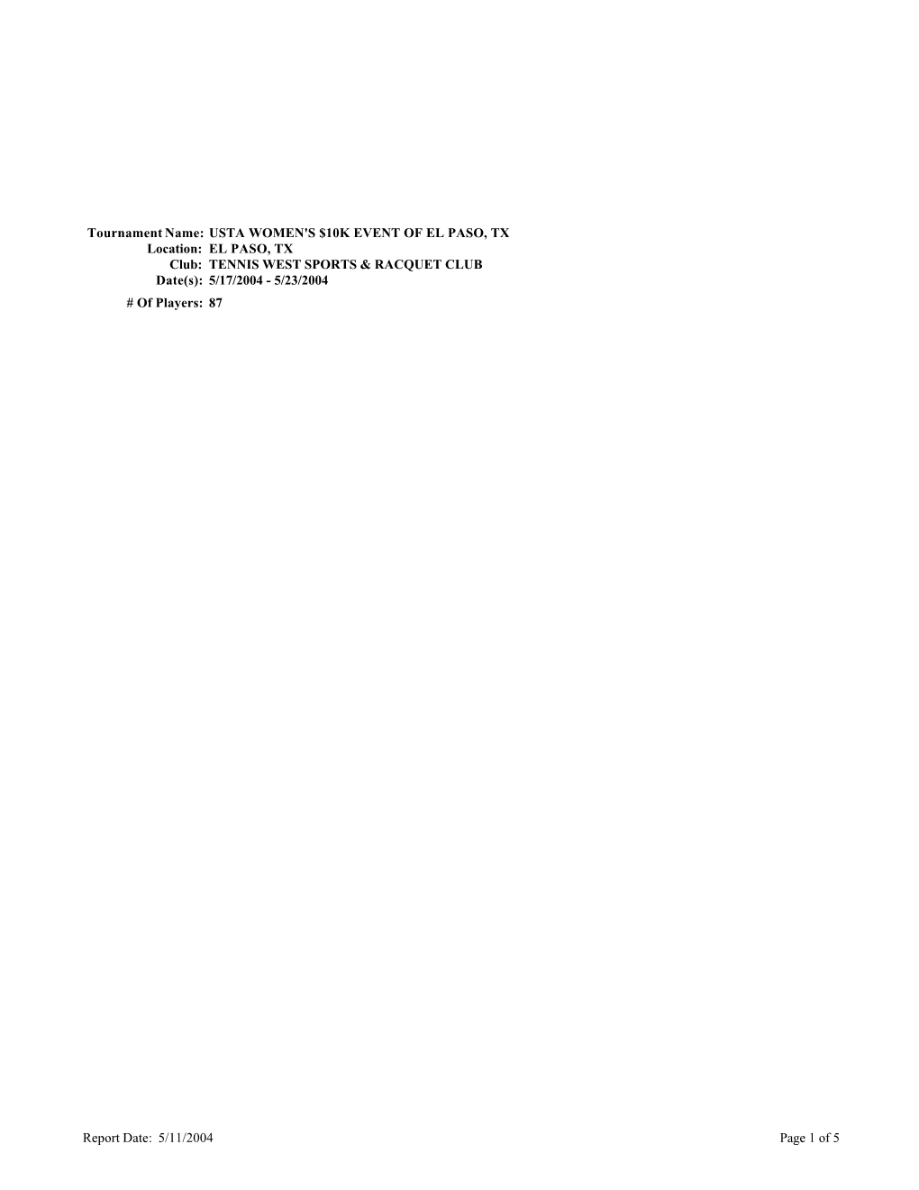Tournament Name: USTA WOMEN's $10K EVENT of EL PASO, TX Location: EL PASO, TX Club: TENNIS WEST SPORTS & RACQUET CLUB Date(S): 5/17/2004 - 5/23/2004 # of Players: 87