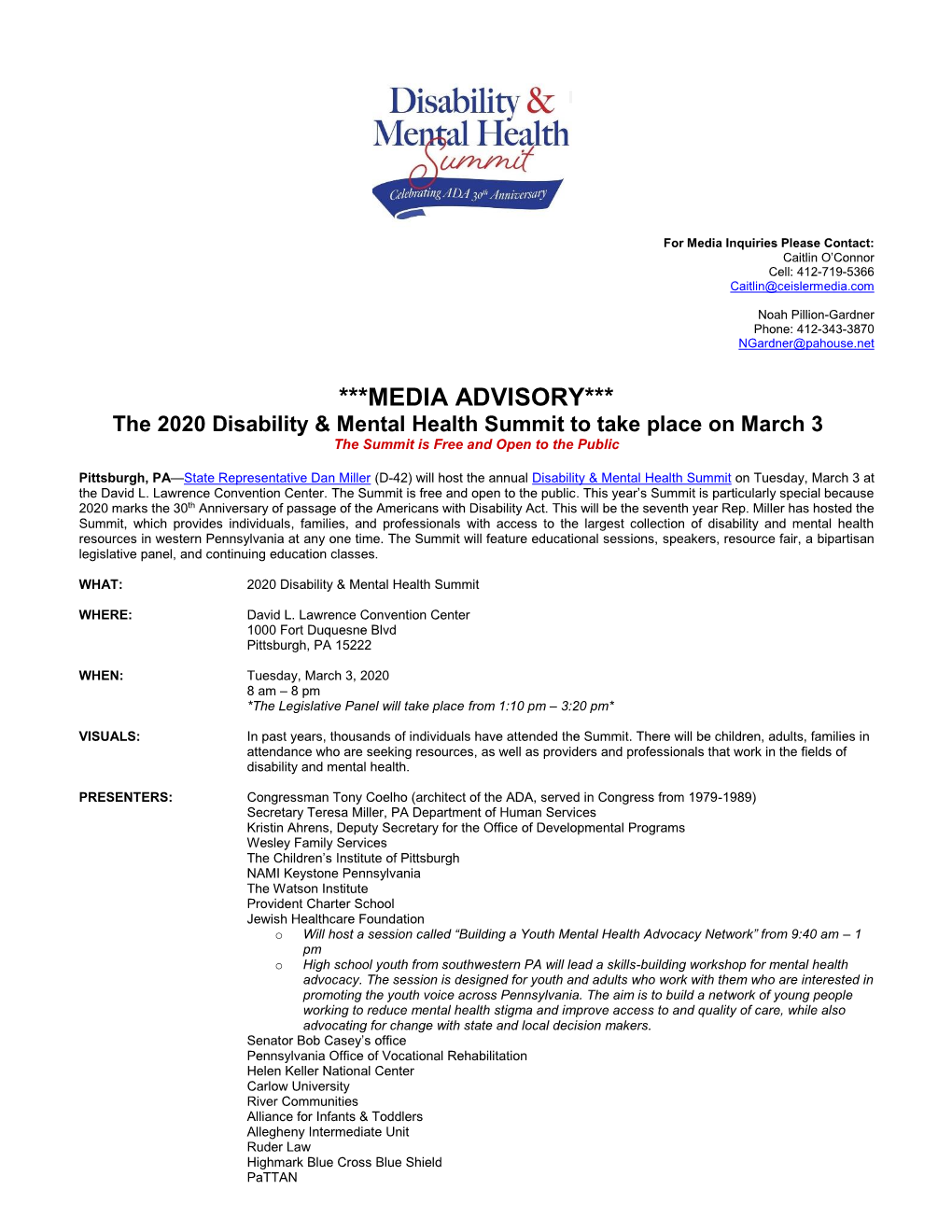 MEDIA ADVISORY*** the 2020 Disability & Mental Health Summit to Take Place on March 3 the Summit Is Free and Open to the Public