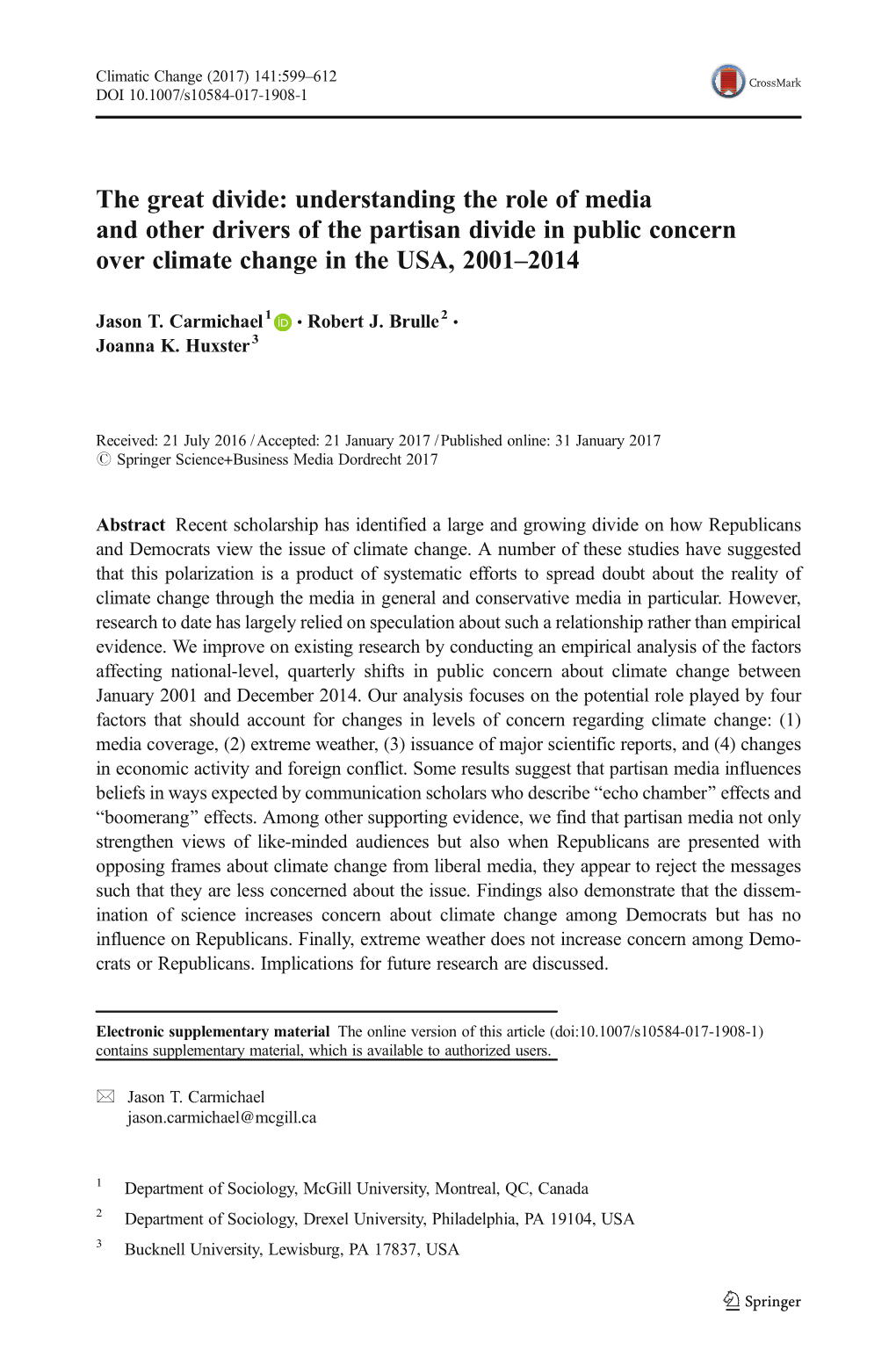 The Great Divide: Understanding the Role of Media and Other Drivers of the Partisan Divide in Public Concern Over Climate Change in the USA, 2001–2014