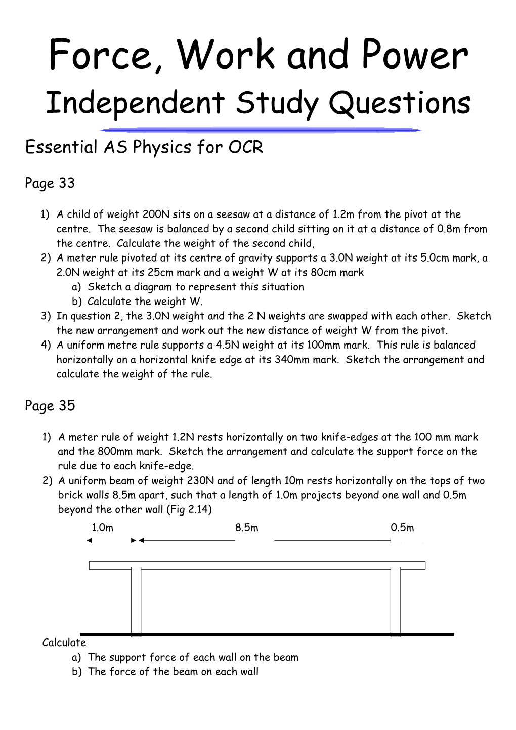 Force, Work And Power Independent Study Questions