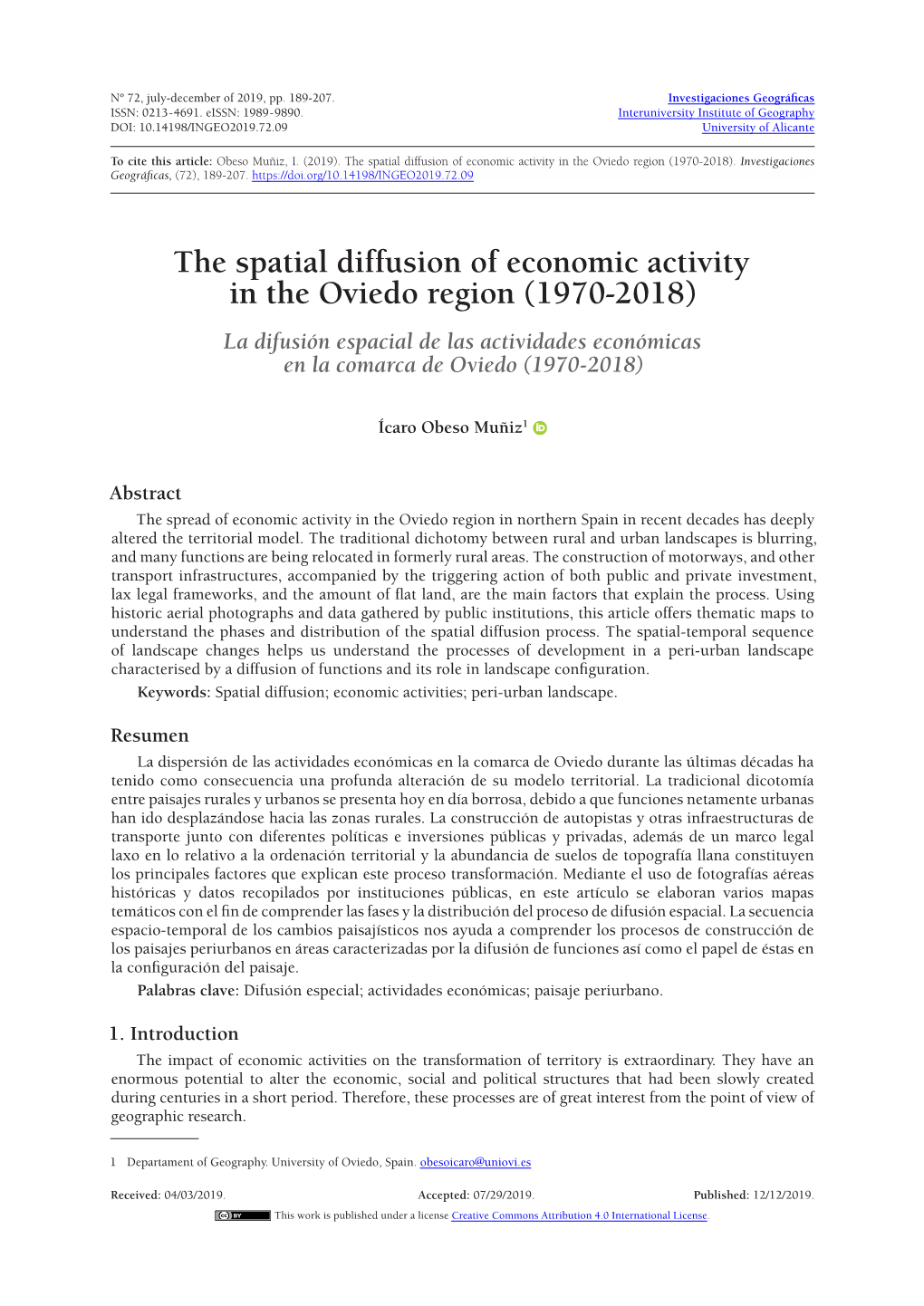 The Spatial Diffusion of Economic Activity in the Oviedo Region (1970-2018)