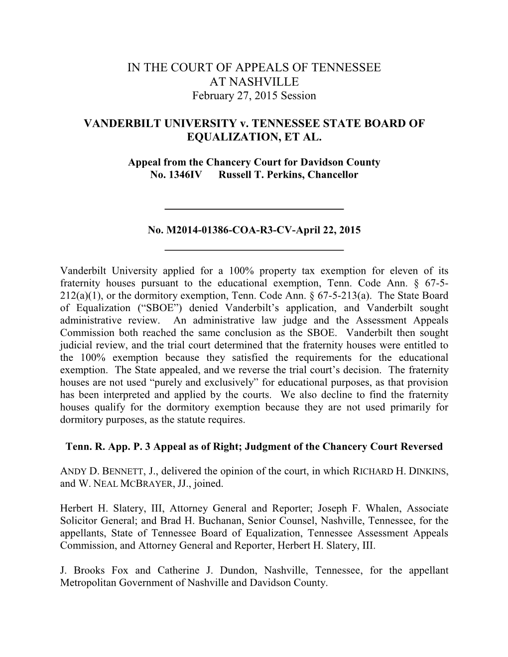 VANDERBILT UNIVERSITY V. TENNESSEE STATE BOARD of EQUALIZATION, ET AL