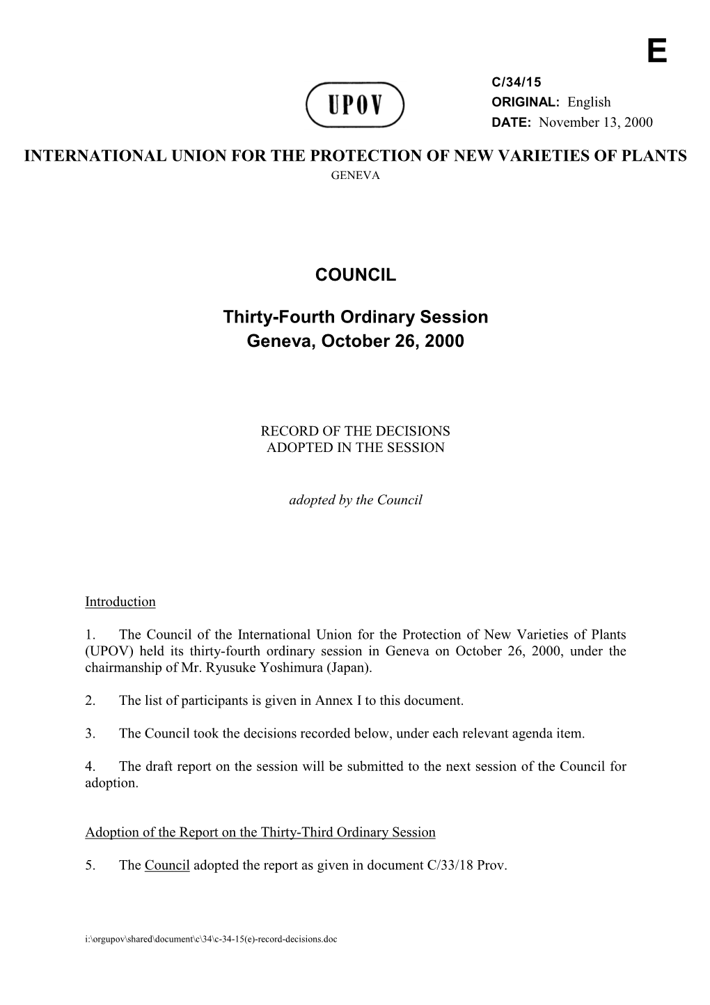 COUNCIL Thirty-Fourth Ordinary Session Geneva, October 26, 2000