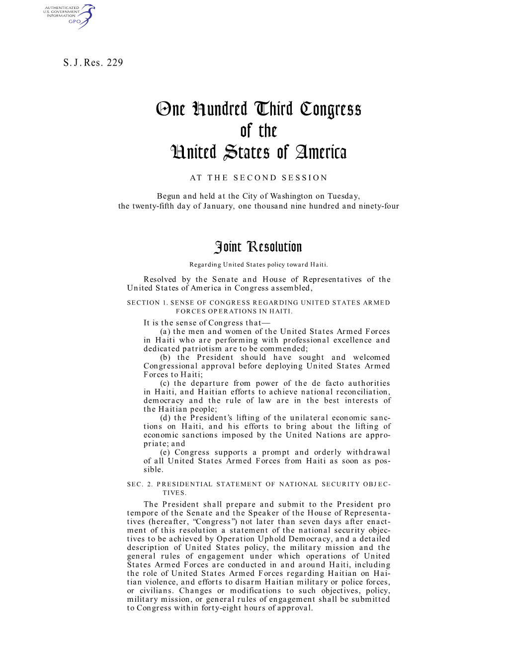 One Hundred Third Congress of the United States of America