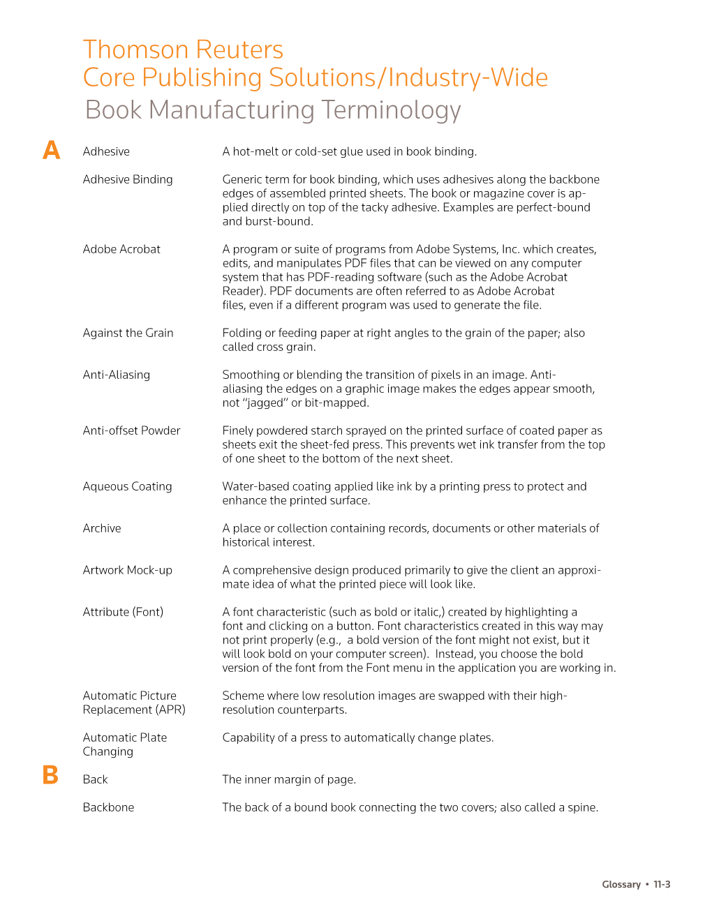 Thomson Reuters Core Publishing Solutions/Industry-Wide Book Manufacturing Terminology