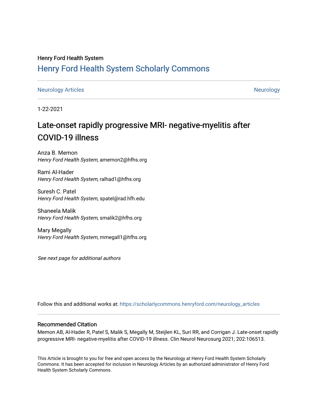 Late-Onset Rapidly Progressive MRI- Negative-Myelitis After COVID-19 Illness