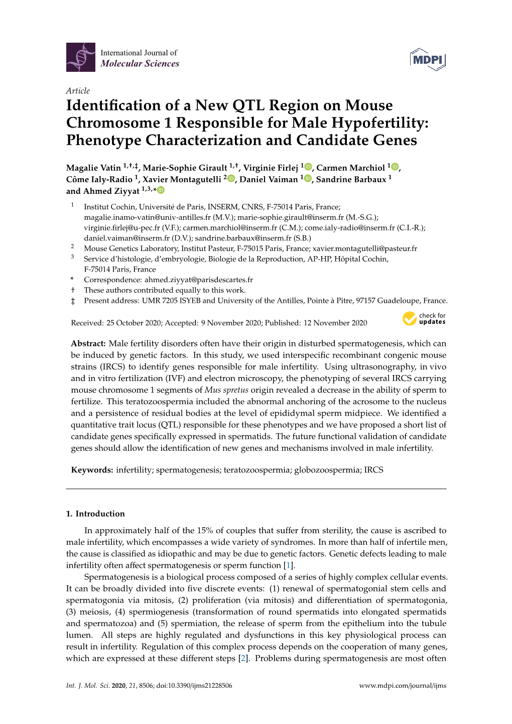 Identification of a New QTL Region on Mouse Chromosome 1