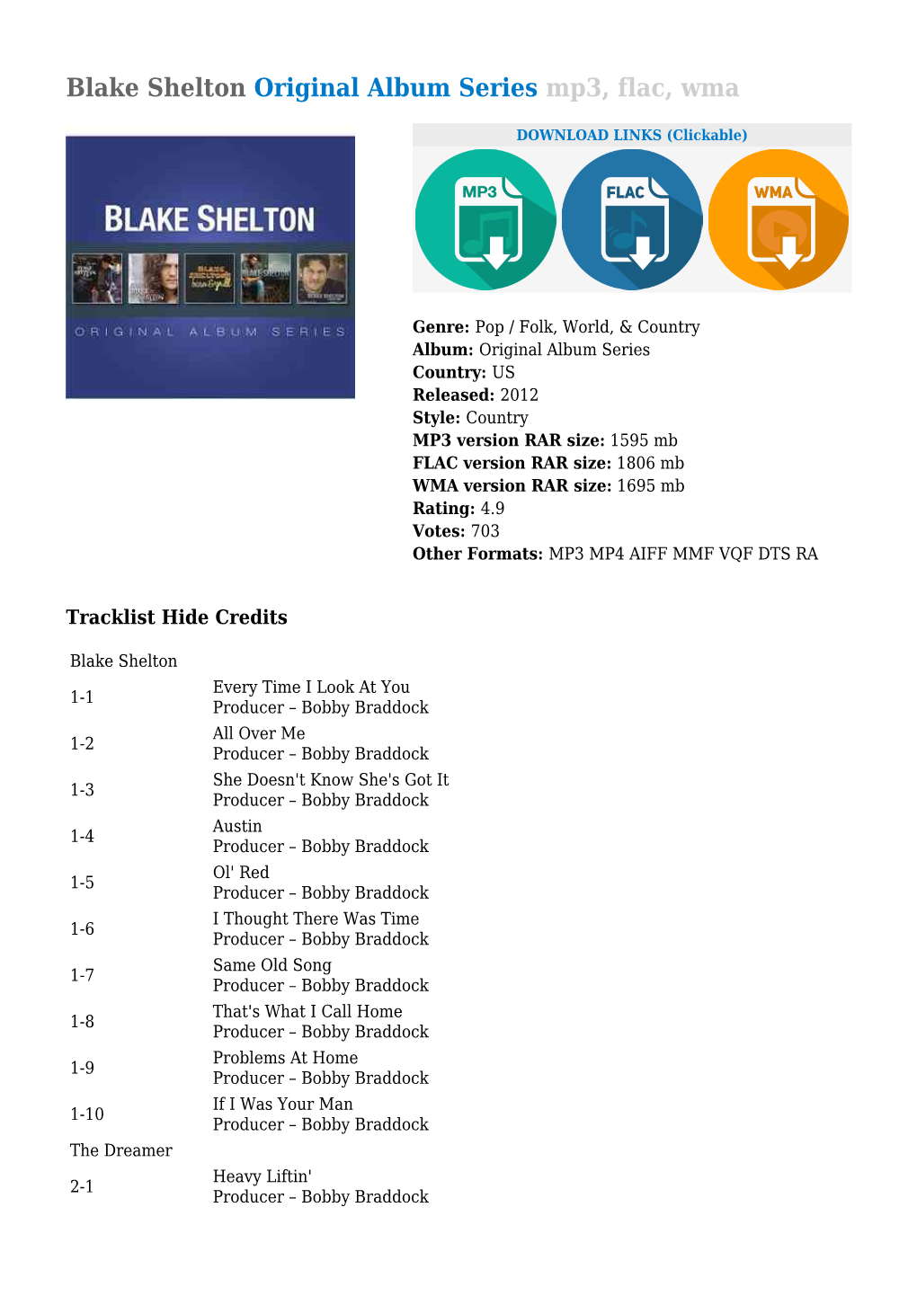 Blake Shelton Original Album Series Mp3, Flac, Wma