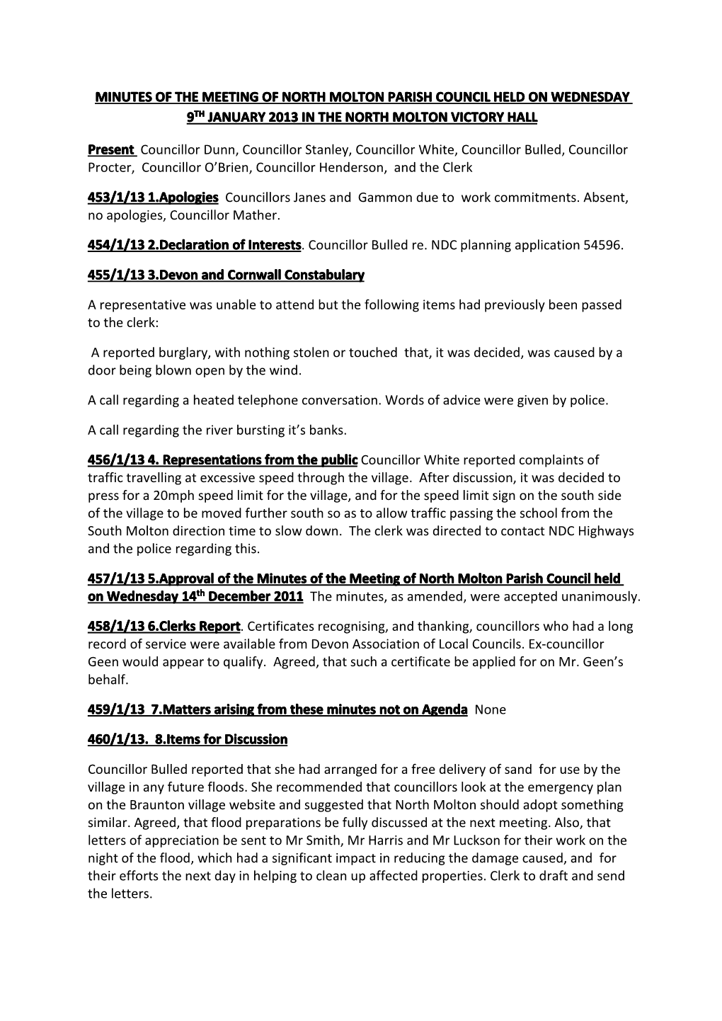 Minutes of the Meeting of North Molton Parish Council Held on Wednesday 9Th January 2013 in the North Molton Victory Hall