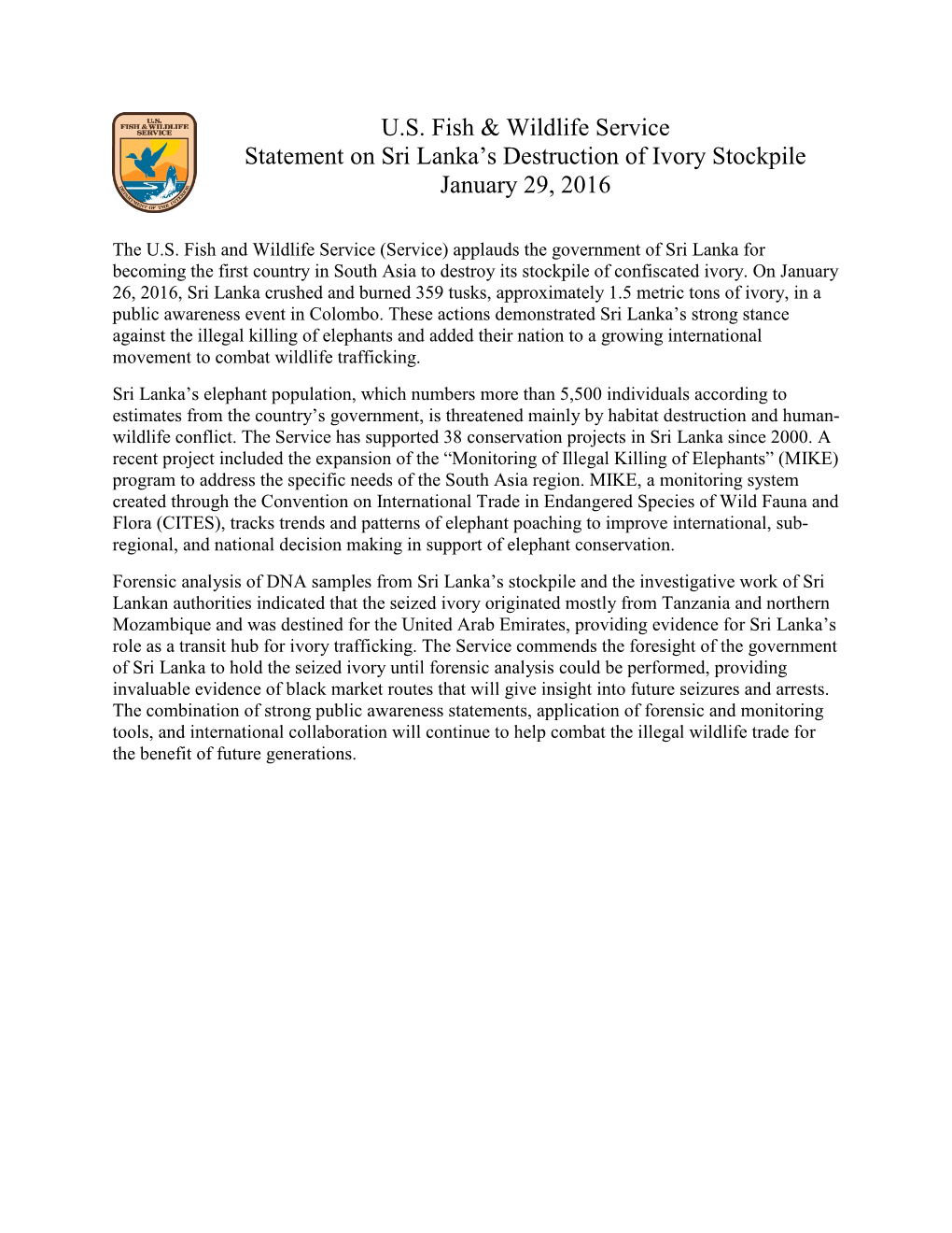 U.S. Fish & Wildlife Service Statement on Sri Lanka's Destruction of Ivory