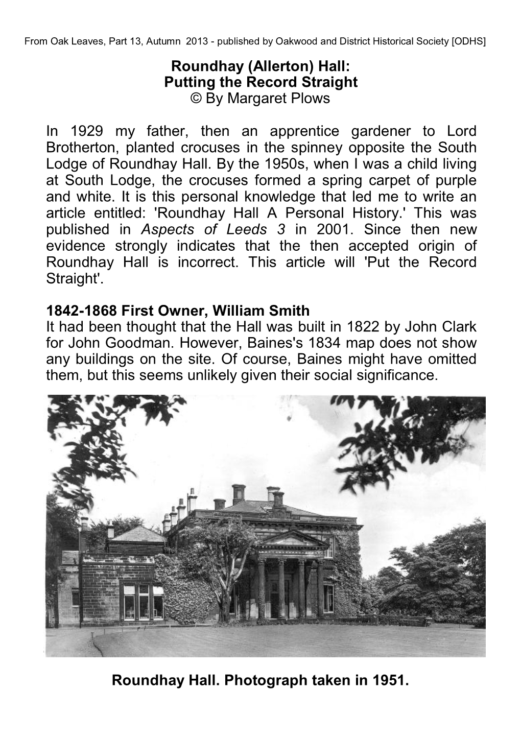 Roundhay (Allerton) Hall: Putting the Record Straight © by Margaret Plows