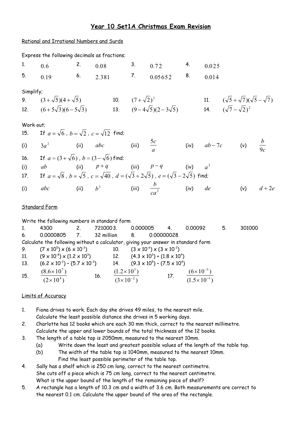 Year 10 Set1a Christmas Exam Revision