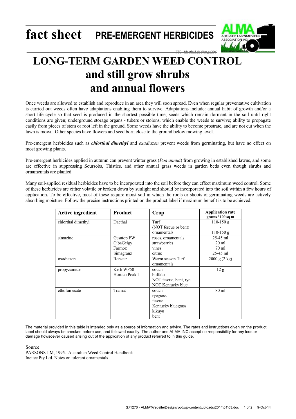 Fact Sheet PRE-EMERGENT HERBICIDES