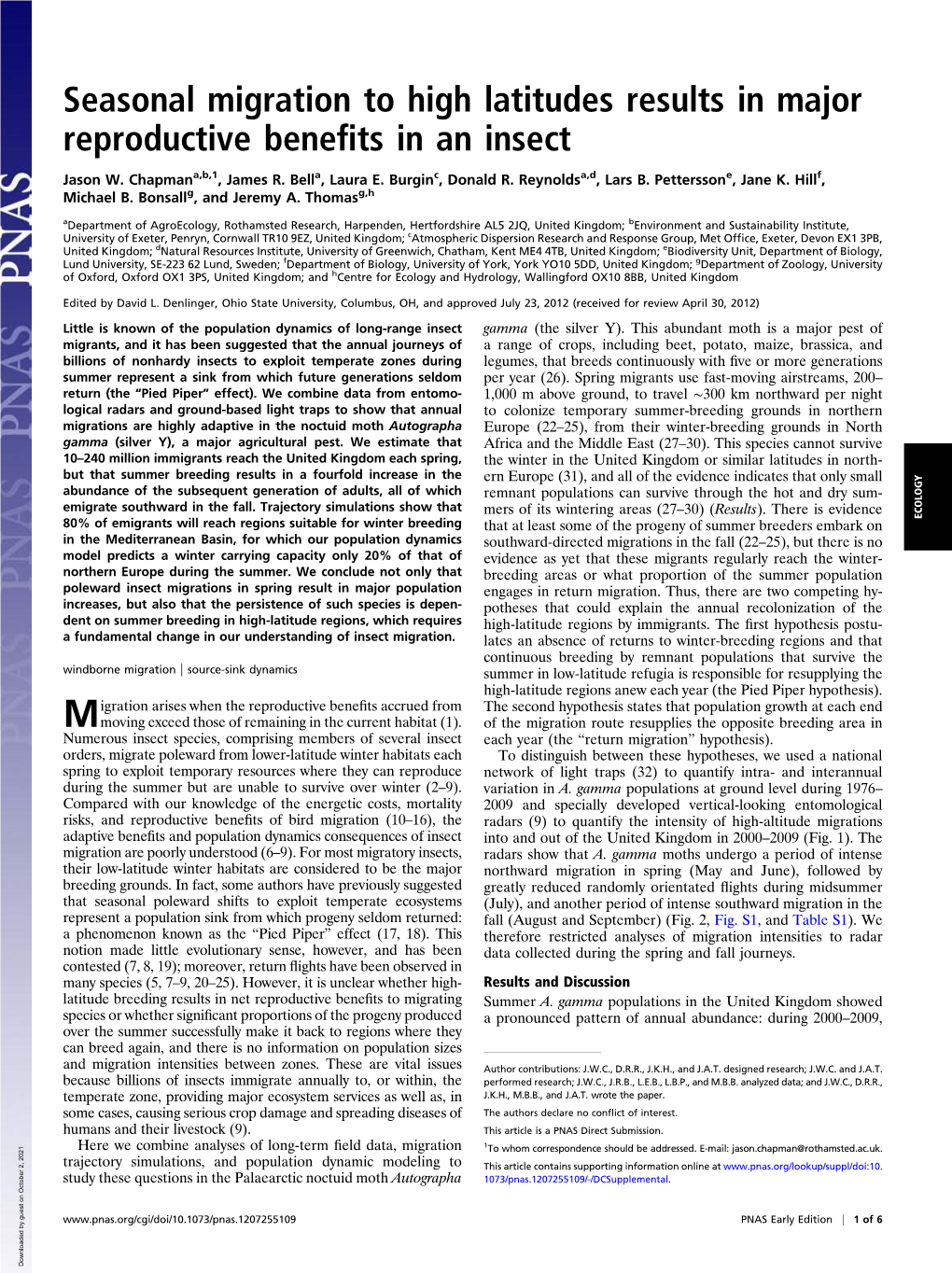 Seasonal Migration to High Latitudes Results in Major Reproductive Beneﬁts in an Insect