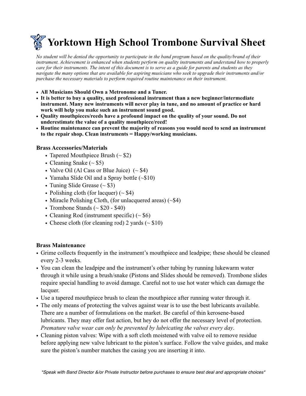 Trombone Survival Sheet