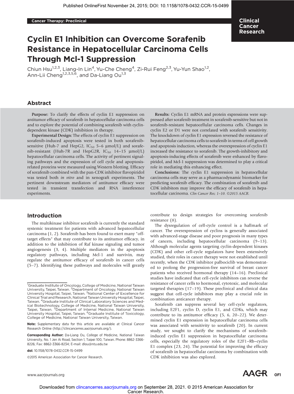 Cyclin E1 Inhibition Can Overcome Sorafenib Resistance In