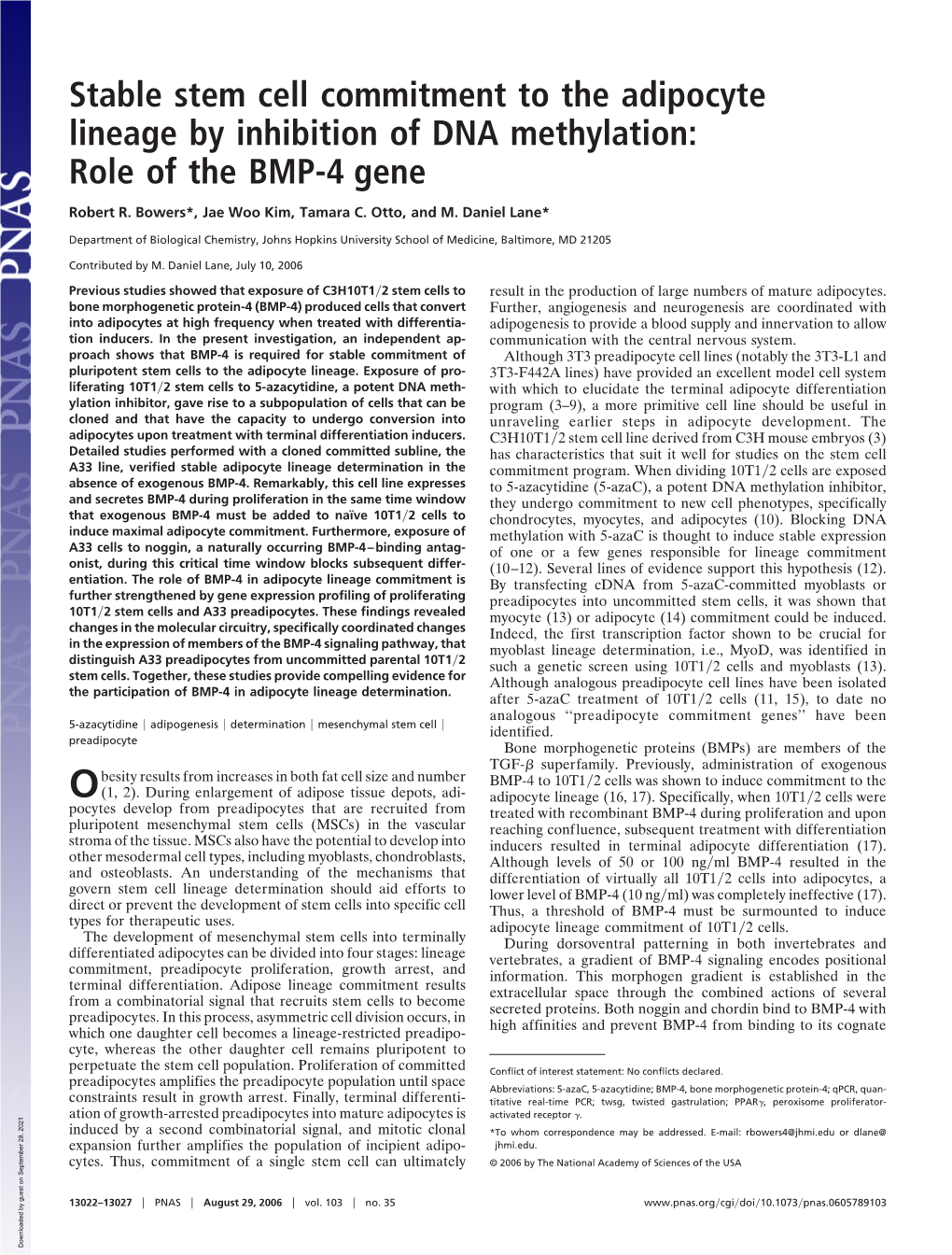 Stable Stem Cell Commitment to the Adipocyte Lineage by Inhibition of DNA Methylation: Role of the BMP-4 Gene