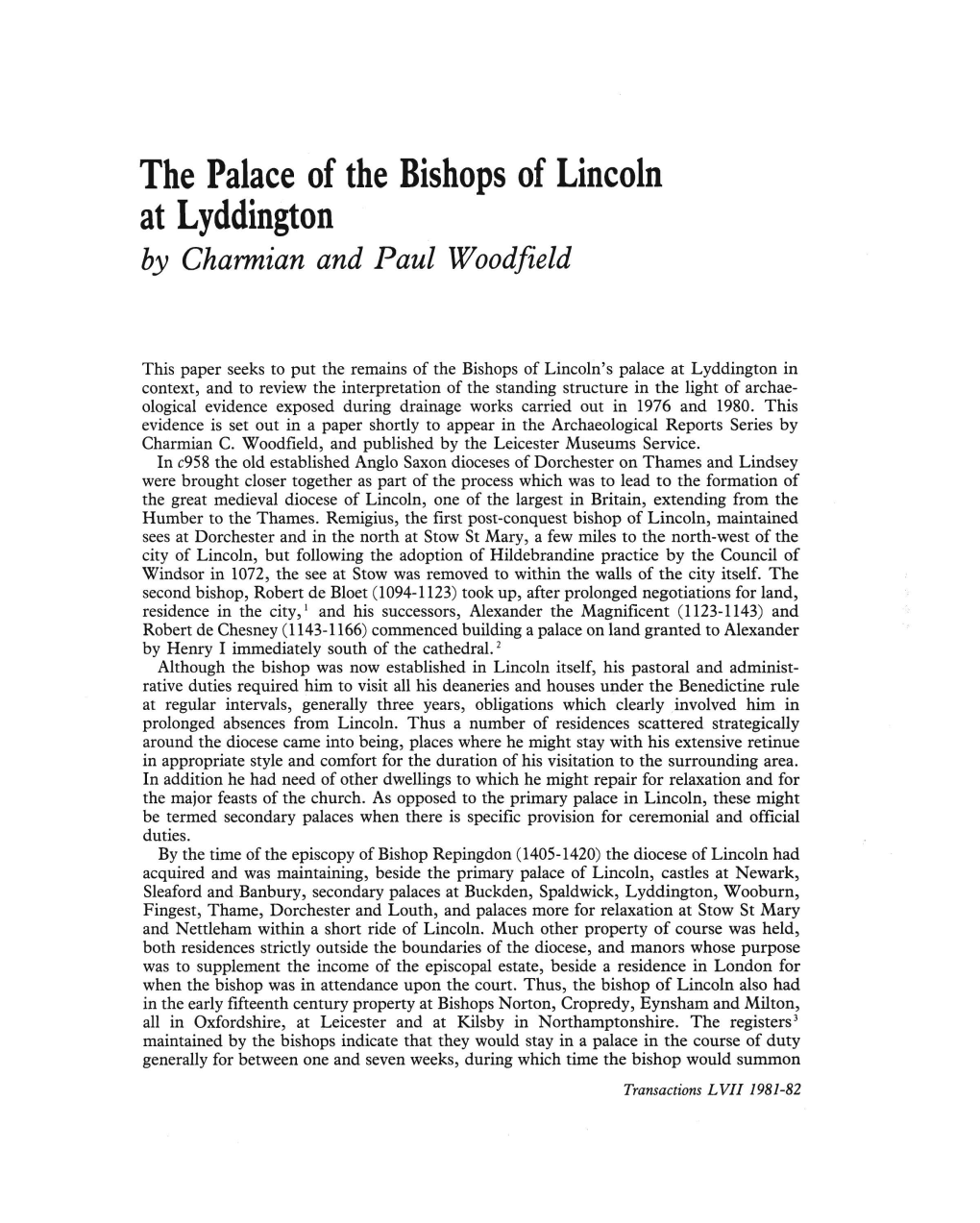 The Palace of the Bishops of Lincoln at Lyddington Pp.1-16