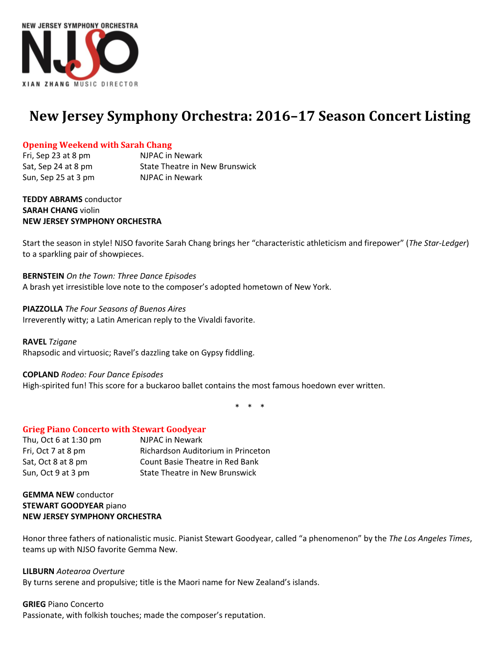 2016–17 Season Concert Listing