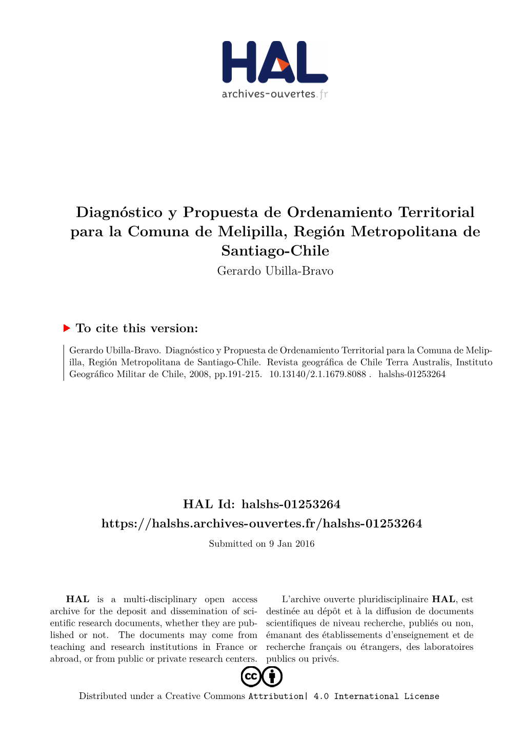 Diagnóstico Y Propuesta De Ordenamiento Territorial Para La Comuna De Melipilla, Región Metropolitana De Santiago-Chile Gerardo Ubilla-Bravo