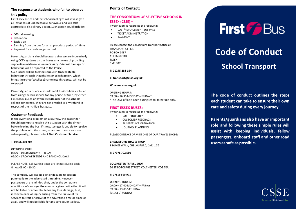 Code of Conduct Using CCTV Systems on Our Buses As a Means of Providing ESSEX Supportive Evidence When Necessary