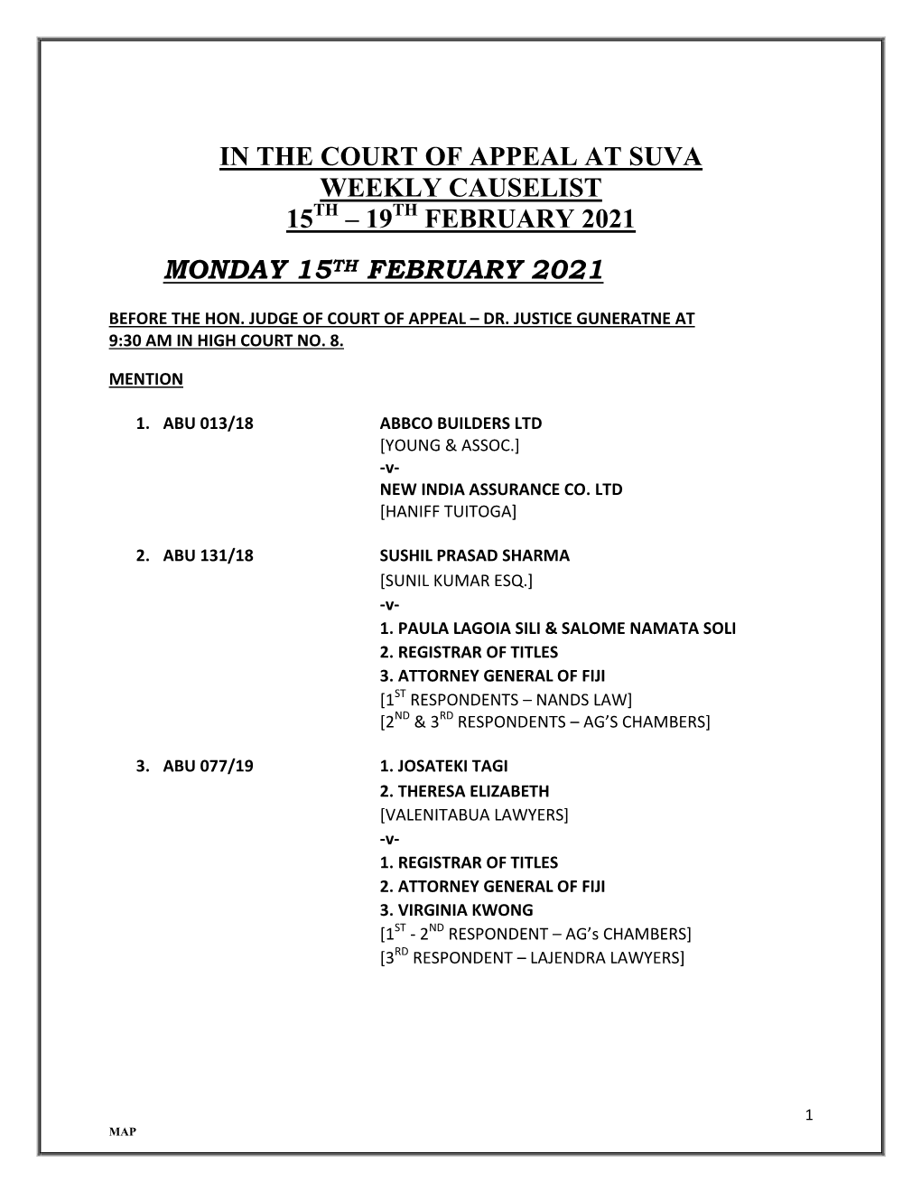 In the Court of Appeal at Suva Weekly Causelist 15Th – 19Th February 2021