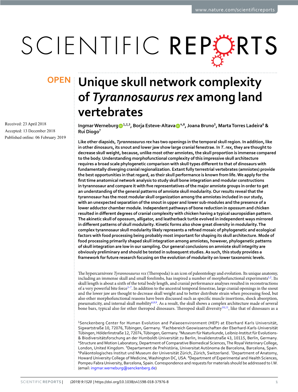 Unique Skull Network Complexity of Tyrannosaurus Rex Among Land